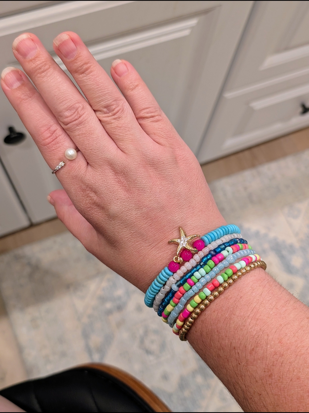 Women Multicolor Stretch Bracelet Set Starfish Gold Tone